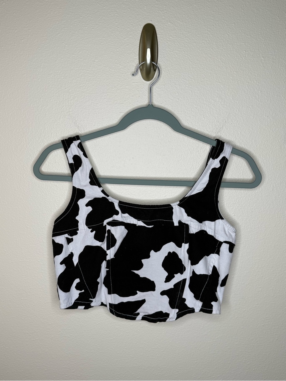 Lone Star Cow Print Corset boned Black/White Denim Crop Top Womens Size M